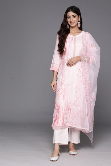 Varanga Women Pink Abstract Straight Kurta With Bottom And Organza Embroidered Dupatta